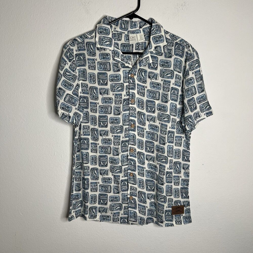 C&C California Mens Shirt Sardines Print Blue Short Sleeve Button Down Size S